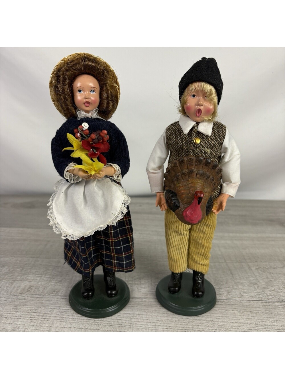 Vintage Thanksgiving Pilgrim Boy Girl Dolls Turkey Flowers 10” Pair